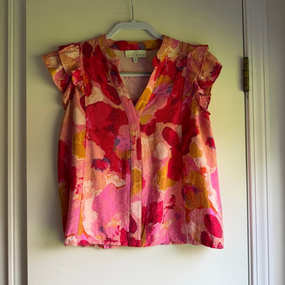 Pinch Pink Watercolor Abstract Ruffle Sleeve Cotton V-Neck Top Small